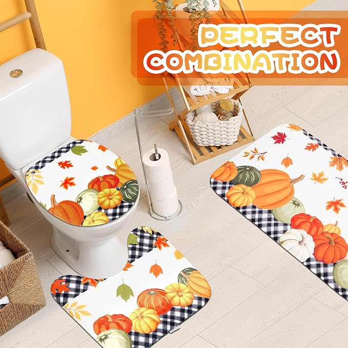 4 Pcs Thanksgiving Shower Curtain Set with Rugs, Leaves Fall Pumpkin Shower Curtains for Bathroom with Non-Slip Rug Toilet Lid Cover Bath Mat and 12 Hooks for Thanksgiving Shower-Room Home Decor