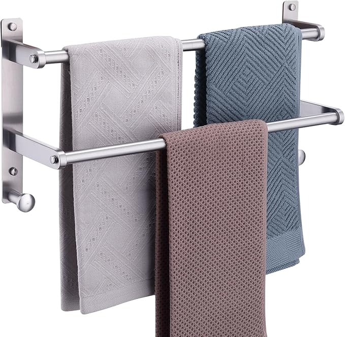 Double Towel Bar with Hooks for Bathroom - 18 Inch Brushed Stainless Steel Towel Rack, Wall Mounted Towel Rails