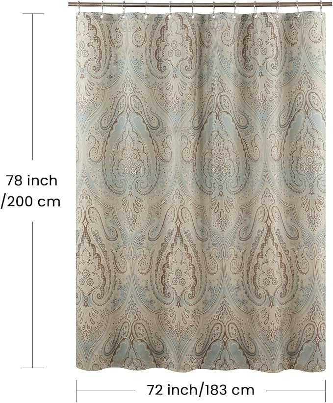 Long Fabric Shower Curtain, Taupe Blue Printed Boho Paisley Pattern Shower Curtain for Bathroom, Waterproof Bathroom Curtains, 72" W x 78" H