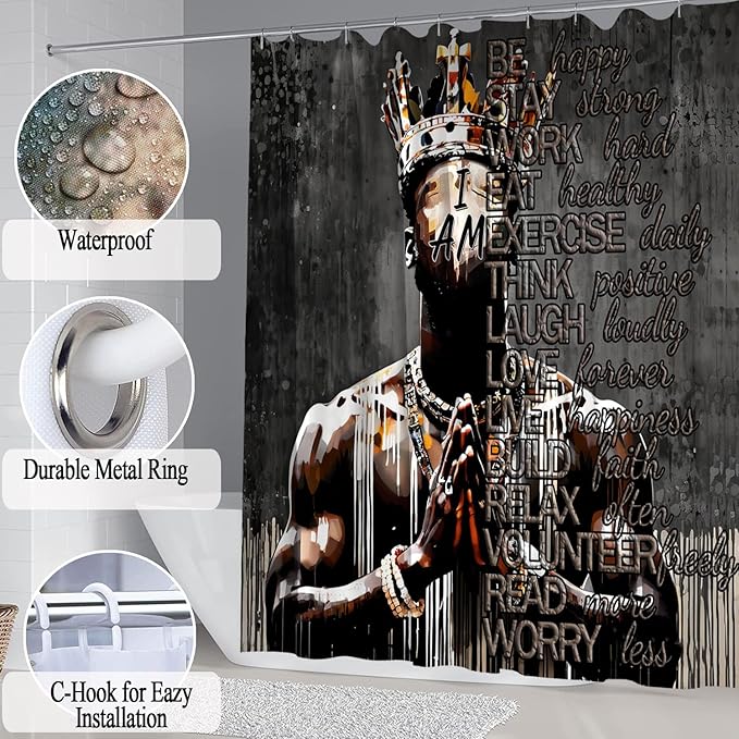 4Pcs Cool Black King Shower Curtain Set with Waterproof Shower Curtain Bath Mat Rug and Toilet Lid Cover, Inspirational Quote African American King Valentine's Day Bathroom Decor Set for Man