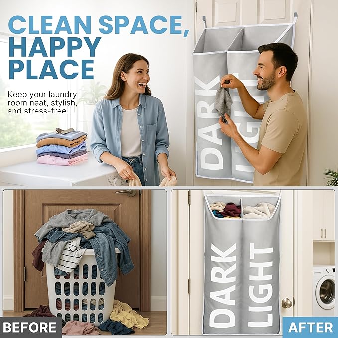 Hanging Laundry Hamper Bag XL 40x22", Space Saving over the Door Storage Bags, Behind the Door Hampers for Dirty Clothes & Wall Mounted Basket for Bathroom, Organizer for Small Room Spaces RV
