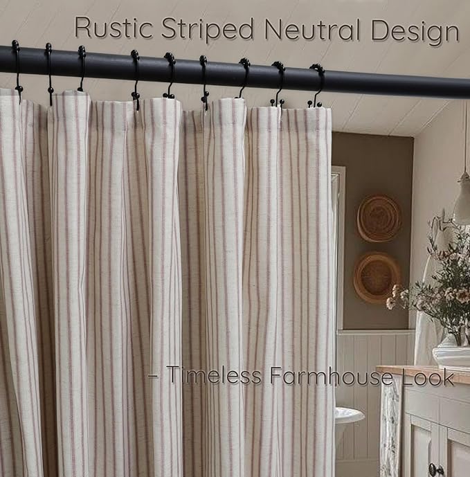 Farmhouse Striped Shower Curtain - 72x72 Inches, Linen Blend Fabric, Breathable & Machine Washable, Rustic Rust for Bathroom Decor (Hooks/Liner Not Included)