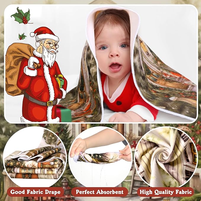 FuWeave 8 Pcs Christmas Shower Curtain Set Xmas Santa Bathroom Decoration Christmas Tree Hand Towels Snowman Toilet Lid Cover Bathroom Rugs Xmas Shower Curtain with Hooks(Farmhouse Style)
