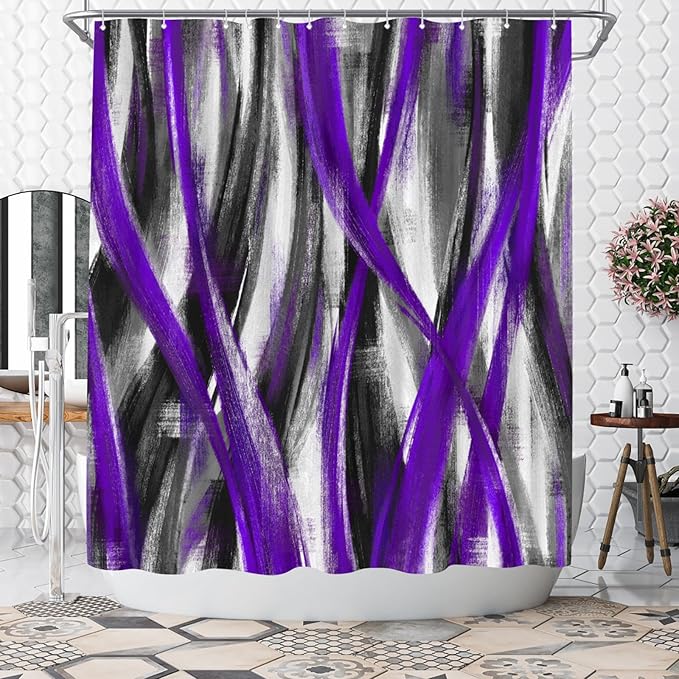 WELMECO Geometric Shower Curtain Modern Abstract Shower Curtain Bathroom Decor Polyester Fabric, 72x72inch (Purple and Grey)