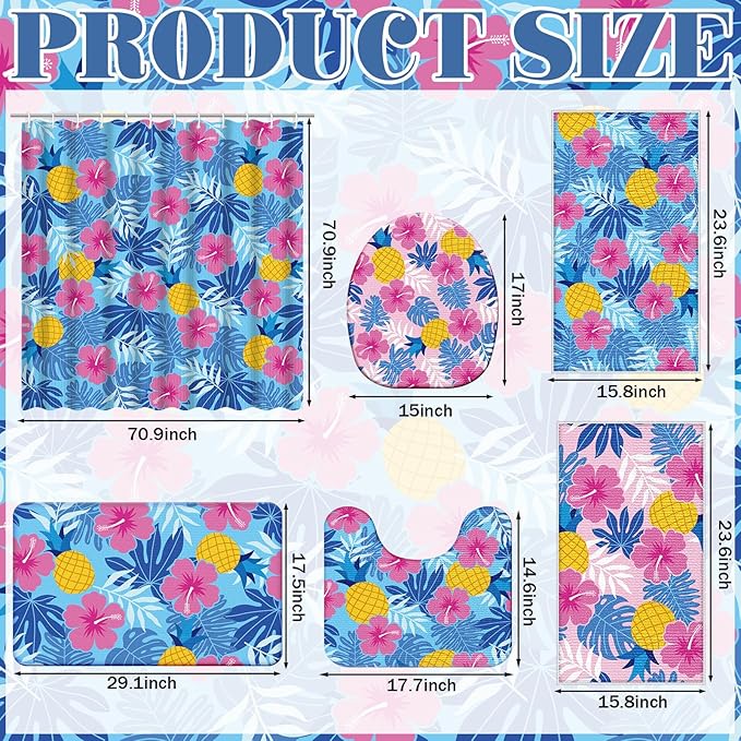 Nuanchu 6 Pcs Hawaiian Shower Curtain Set with Rug Blue Pink Flower Hibiscus Bathroom Sets with Shower Curtain Bath Mat U Shaped Mat Toilet Lid Cover 2 Bath Towels and 12 Hooks Hawaiian Bathroom Decor