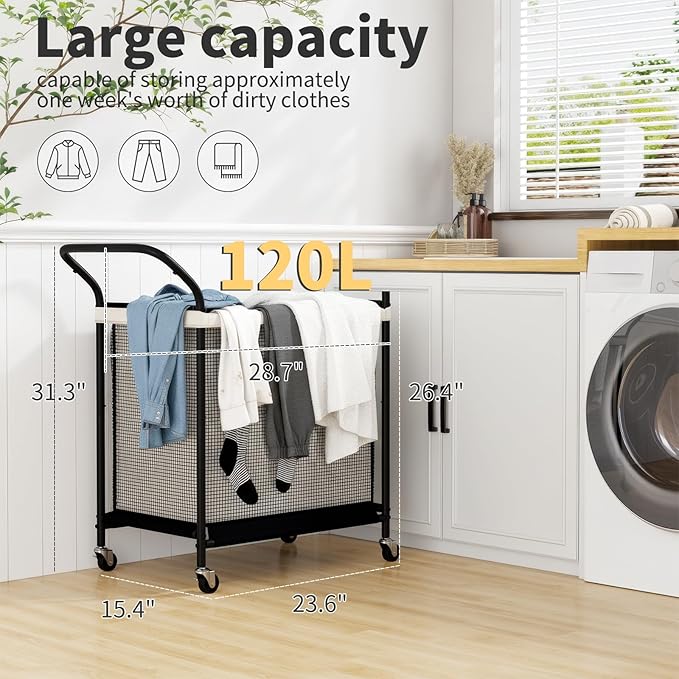 Laundry Hamper with Wheels,Laundry Basket with Removable and Washable Liner Bag, Metal-frame Laundry Cart with Handle for Bedroom, Bathroom, Dorm Room, Laundry Room (120L)
