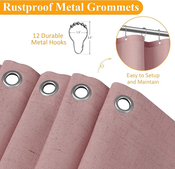 Naturoom Pink Linen Shower Curtain, Country Boho Farmhouse Bath Decor Shower Curtains Neutral Cloth Weighted Textured Fabric Bath Curtain Liner with Hooks, 72x80