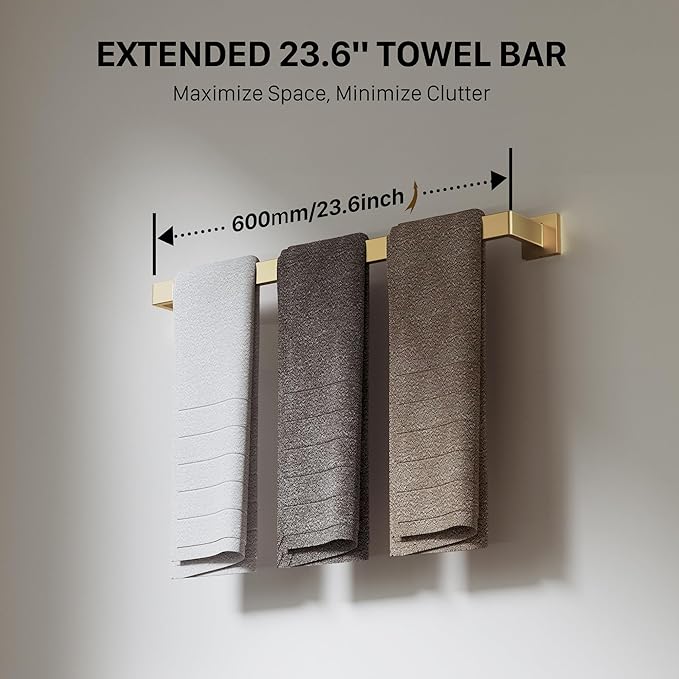 10-Piece Brushed Gold Bathroom Accessories Set, 23.6 Inch Bathroom Hardware Set, SUS304 Stainless Steel Bath Towel Bar Set, Toilet Paper Holder with Shelf, Towel Hooks & Ring Wall Mounted