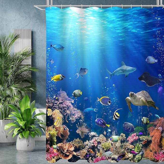 4Pcs Sunlight Sea Fish Bathroom Sets with Rugs, Shark and Turtle Print Machine-Washable Shower Curtain, Bluey Ocean Theme Bath Accessories Sets for Bathroom, Set de baño completo, 12 Pcs Hooks