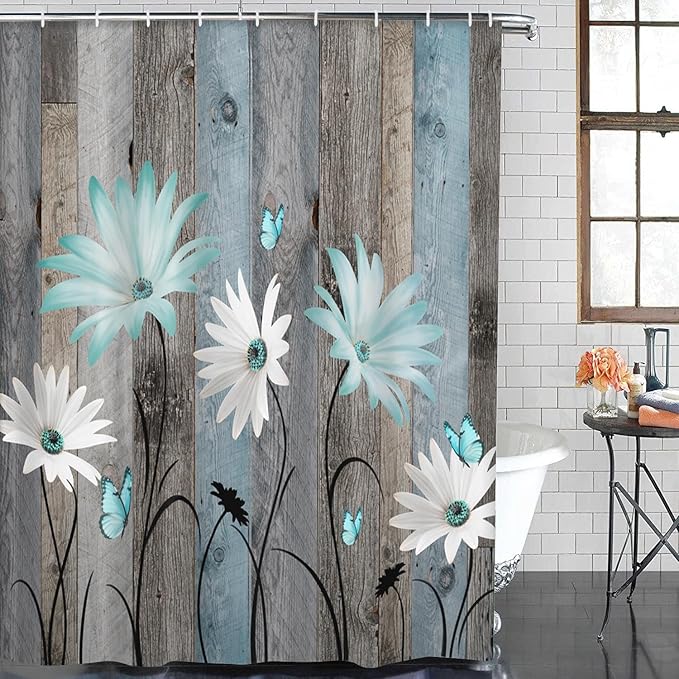 ArtSocket Teal Daisy Flowers Butterfly Bathroom Set with Shower Curtain and Bath Rugs and Accessories,Wooden Boards Non-Slip Shower Curtain Set,Bathroom Decor 3 Pcs