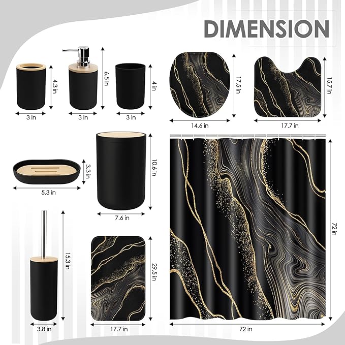 Marble Black Bathroom Decor and Accessories Set, Shower Curtain and Rug Set with Trash Can, Soap Dispenser, Soap Dish, Toothbrush Holder, Toothbrush Cup, Toilet Brush