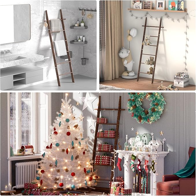 Farmhouse Wooden Blanket Ladder with Removable Hooks, 6-Tier Rustic Blanket Rack Decorative Stand, Leaning Towel Quilt Rack Holder for Bathroom Living Room Decor Brown