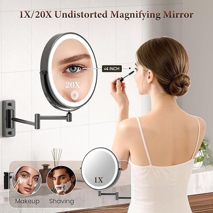 Magnifying Mirror with Lights 1X/20X, 9" Double Sided 5000mAh Rechargeable Wall Mounted Lighted Makeup Mirror, 3 Color LED Lights Dimmable, Wall Mount Mirror 17" arm for Bathroom, Black Brushed Nickel