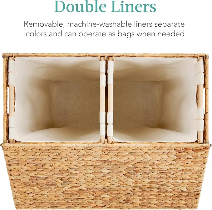 Best Choice Products Large Double Laundry Hamper with Lid, Natural Handwoven Water Hyacinth, 2 Sections w/ 2 Machine Washable Linen Liner Bags, Portable, Handles - Natural