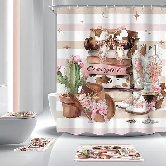Cinbloo 4Pcs Brown Pink Shower Curtain Set,Western Cowgirl Fashion Boots Cactus Striped Hats Floral Books Bathroom Curtain with Rug, Toilet Lid Cover, Bath Mat,Women Girls Shower Curtain with 12 Hooks