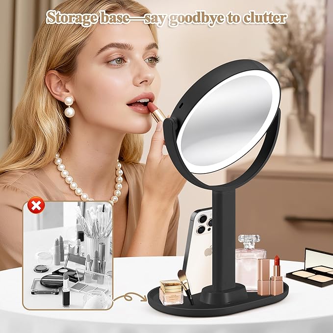 MOMOKUBA Makeup Mirror with Lights, Double Sided 1x/20x Magnifying Mirror with Light, Rechargeable 3 Color Lights and Adjustable Brightness, 360° Rotation Detachable Comes with Tweezer(Black)