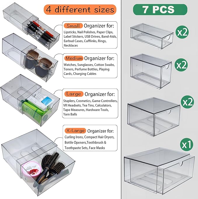 7 Pack Stackable Storage Drawers Acrylic Bathroom Makeup Organizer Clear Plastic Storage Bins for Makeup,Vanity,Pantry,Desk,Undersink,Kitchen