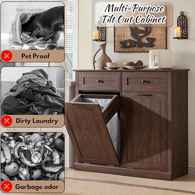 IFBUY Double Tilt Out Laundry Hamper Cabinet, 20 Gallon Farmhouse Trash Can Cabinet with Drawer, Hidden Wood Garbage Can Bin Cabinet with Laundry Storage Basket for Bathroom, Kitchen, Brown