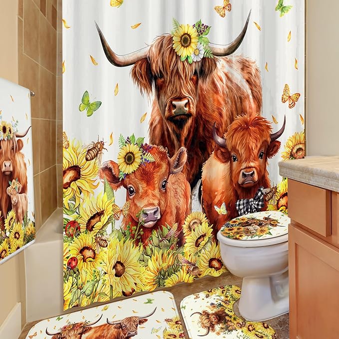 FuWeave 8 Pcs Highland Cow Shower Curtain Sets for Bathroom Sunflower Farm Cattle Shower Curtain Sets Watercolor Floral Bathroom Accessories with Towels Carpet Bath Mat Toilet Rugs and 12 Hooks