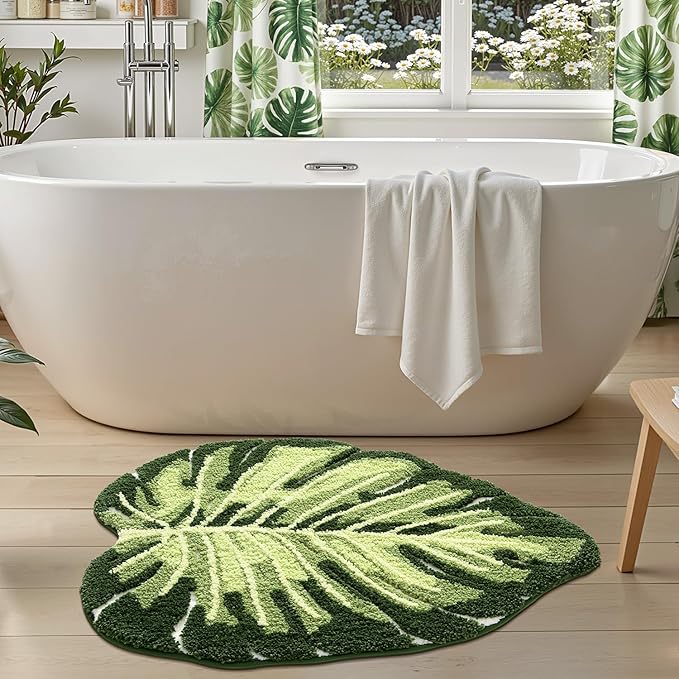 LUMI Cute Bathroom Rugs with Green Leaf Plant, Soft, Fluffy, Plush, Absorbent, Quick Dry, Non Slip, Machine Washable for Shower Floor, Bathroom, Bedroom, Kids Room, 31.5"x47", Monstera