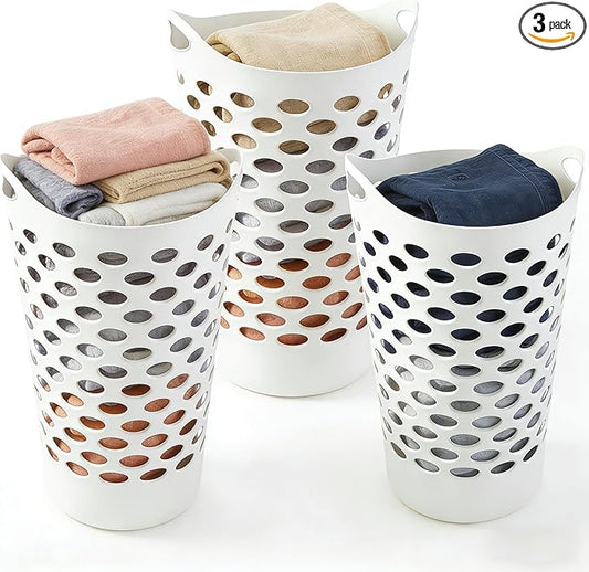 (3 Pack) Plastic Round Laundry Hamper, White - 2.2 Bushel Capacity, Lightweight & Durable with Carrying Handles for Home, Dorm, Bedroom, Apartment & Bathroom