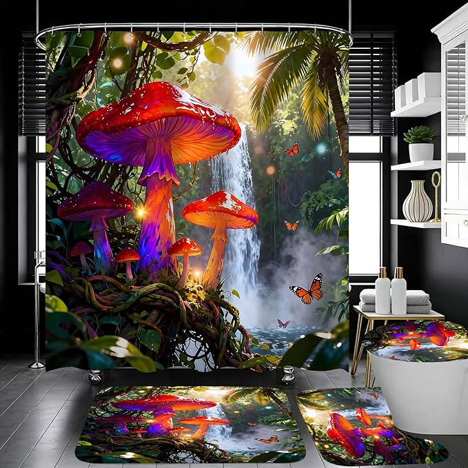 jieprom 4 Piece Tropical Waterfall Shower Curtain Set with Rugs, Vibrant Magical Mushroom & Butterfly Art, Jungle Nature Aesthetic Bathroom Decor, Waterproof Fabric, Non-Slip Mats & Toilet Lid Cover