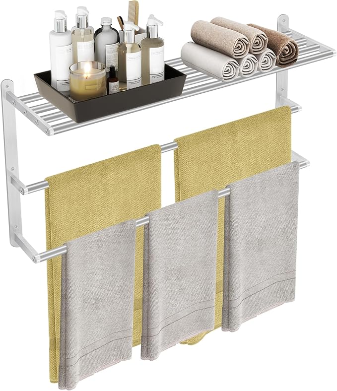 32 inch Towel Racks for Bathroom, VOTZAAQ Towel Shelf with Double Towel Bar, Stainless Steel Towel Storage for Lavatory Wall Mounted, 3-Tier Towel Hanger Towel Holder, Brushed Nickel