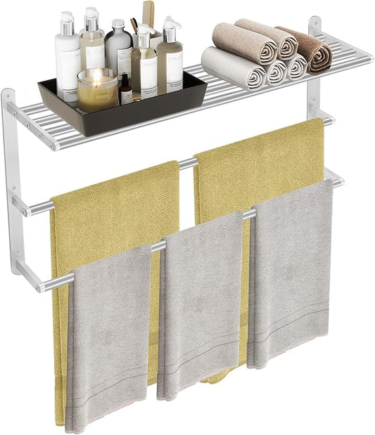 32 inch Towel Racks for Bathroom, VOTZAAQ Towel Shelf with Double Towel Bar, Stainless Steel Towel Storage for Lavatory Wall Mounted, 3-Tier Towel Hanger Towel Holder, Brushed Nickel