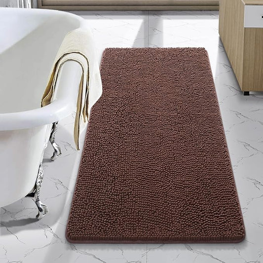 LOCHAS Luxury Bathroom Rug Shaggy Bath Mat 24 x 48 Inch, Washable Non Slip Bath Rugs for Bathroom Shower, Soft Plush Chenille Absorbent Carpets Mats, Brown