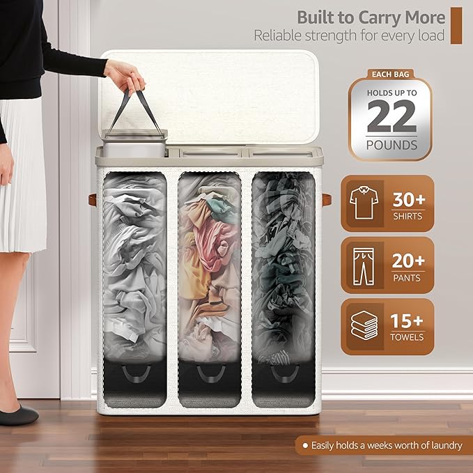 Sorbus Laundry Hamper with Lid - Collapsible 3-Compartment Fabric Laundry Basket with Handles and Removable Laundry Bag – 50 Gallon (190 L) Dirty Clothes Hamper for Bedroom, bathroom and dorm (Beige)