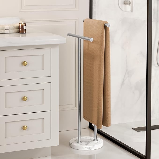 KES Standing Towel Rack for Bathroom Floor with 10.5 Lbs Natural Marble Base, 2-Tier Free Standing Towel Rack Double T-Shape, 18/8 Stainless Steel, Brushed Finish, BTH237A-2