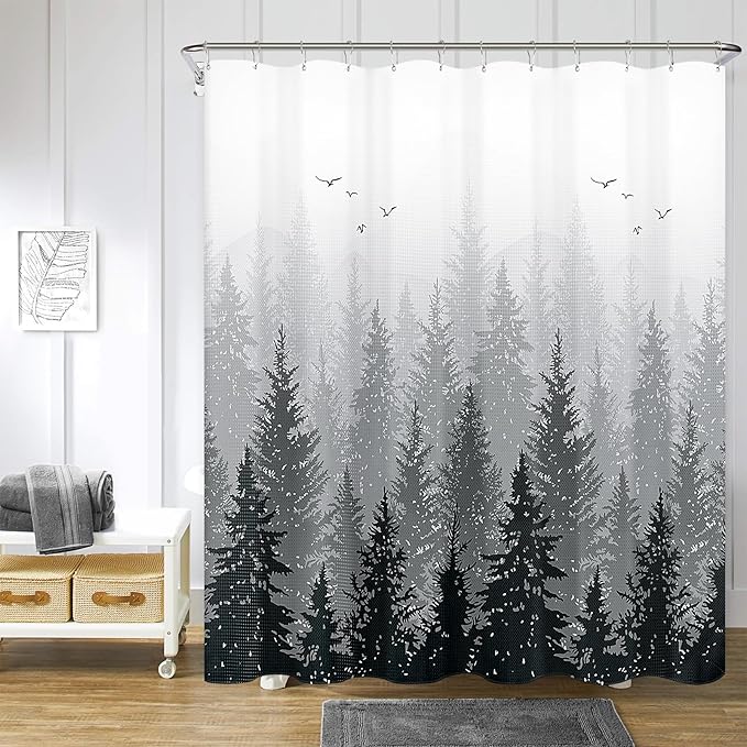 Hokibero Extra Long Shower Curtains 84 inches Black and White Shower Curtain Mountain Forest Hotel Style Water Repellent Nature Curtains for Bathroom