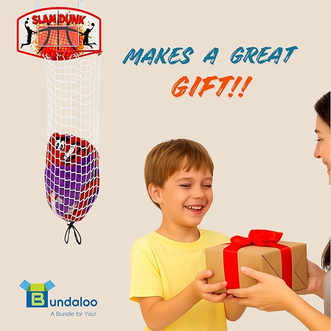 Bundaloo Basketball Laundry Hamper – Over-the-Door Hanging Hoop for Kids, Boys Bedroom Room Decor, 2-in-1 Laundry Bag & Hoop
