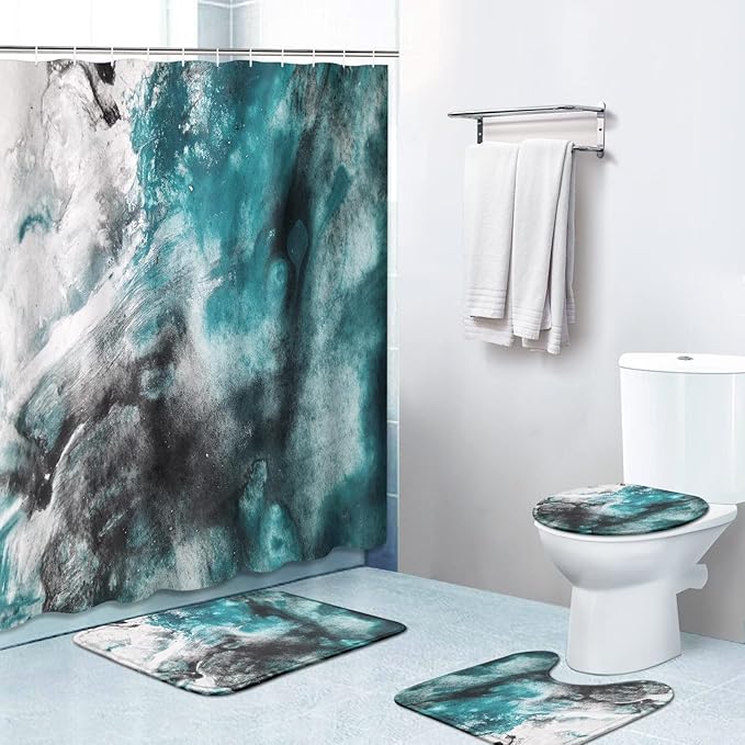 Britimes 4 Piece Shower Curtain Sets with 12 Hooks, Watercolor Oil Colorful Vintage Black with Non-Slip Rugs, Toilet Lid Cover and Bath Mat for Bathroom Decor Set 72" x 72"