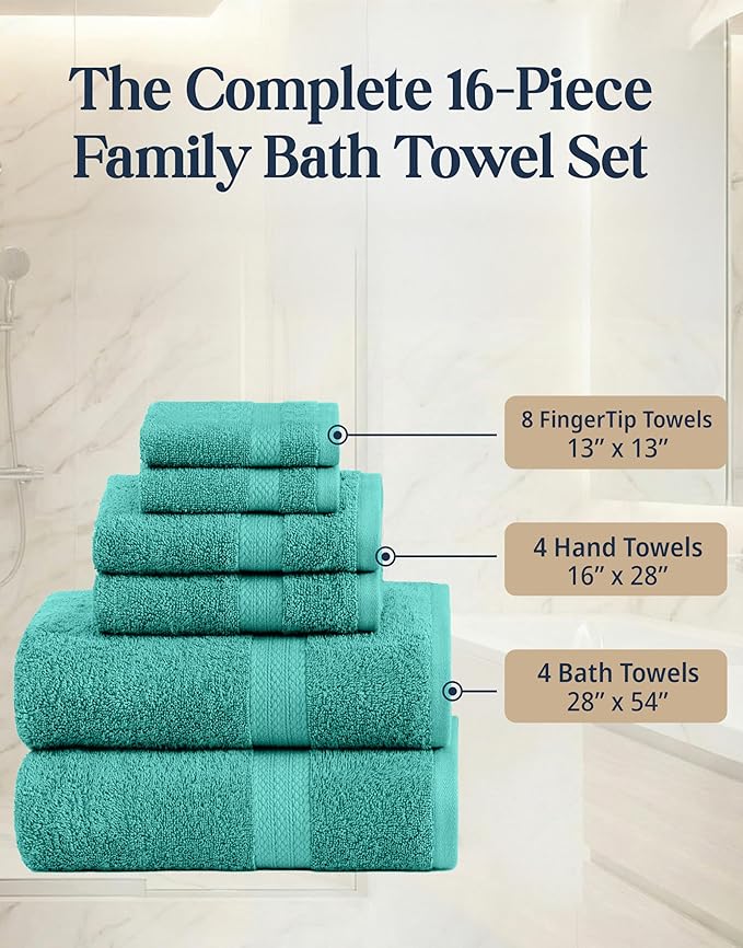 LANE LINEN 100% Cotton Luxury Bathroom Towel Set - 16 Pieces - Ring Spun, Quick Dry, Super Soft & Absorbent - 4 Bath, 8 Washcloths, 4 Hand Towels - Remains Fluffy Even After Multiple Washes - Teal