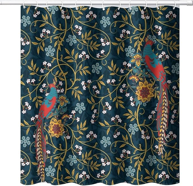 Rustic William Morris Art Print Waterproof Fabric Shower Curtain,Vintage Mid Century Boho Floral Bird Soft Hotel Quality Cloth Shower Light-Weight & Machine Washable - 84L x72W