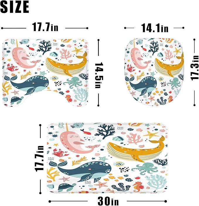 LGhtyro 4PCS Kids Whale 71Wx71H Inches Underwater Fish for Girls Ocean Sealife Shower Curtain Sets with Rugs, Toilet Lid Cover and Bath Mat, Cute Bath Accessories Art Home Decor Fabric 12 Pack Hooks