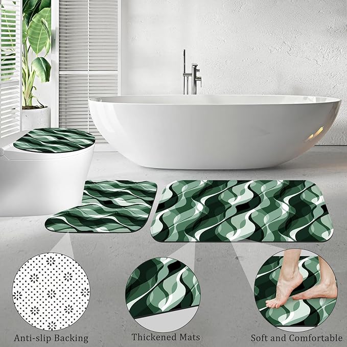 4PCS Emerald Green Bathroom Sets with Shower Curtain and Rugs, Abstract Striped Shower Curtain Sets with Rugs, Modern Bathroom Curtains Shower Set with Toilet Lid Cover