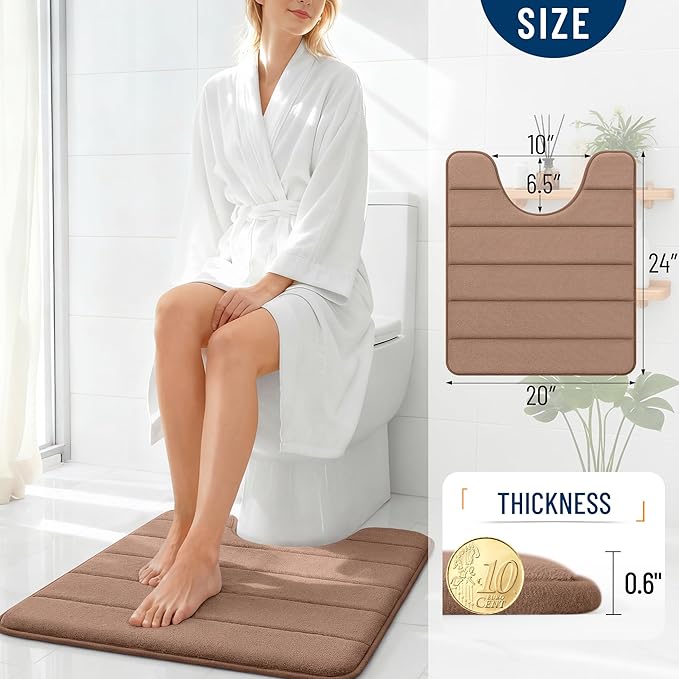OLANLY Memory Foam Toilet Rugs U Shaped 24x20, Super Soft Absorbent Contour Bath Rugs, Quick Dry, Machine Washable Toilet Mat, Bathmat Floor Carpet, Bathroom Home Decor Accessories, Mocha