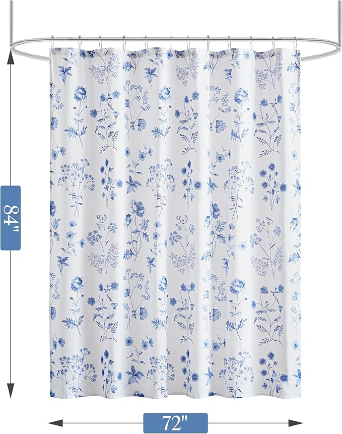 Martha Stewart Martha's Garden Shower Curtain Botanical Floral Print Cotton Shower Curtain for Bathroom, Spa Quality Modern Shower Curtains Standard Size, 72x84 Blue