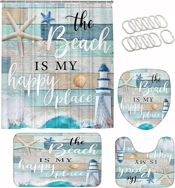 Chrainy 4Pcs Nautical Ocean Shower Curtain Sets Sea Wooden Bathroom Set Decor with Non-Slip Rugs Bath U-Shaped Mat Toilet Lid Cover Starfish Lighthouse Bathroom Curtain Shower Set with 12 Hooks