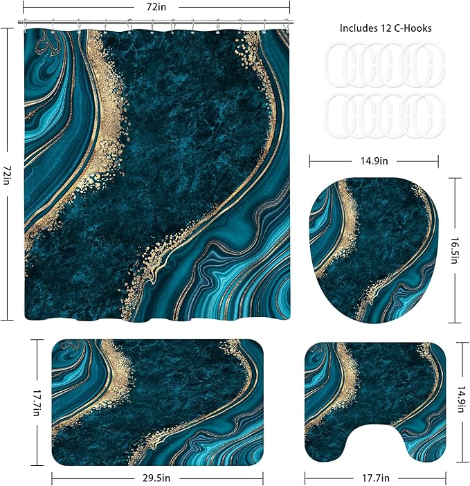 4PCS Teal Blue Gold Marble Bathroom Sets with Shower Curtain and Rugs, Abstract Gold Shower Curtain Sets with Rugs, Modern Bathroom Curtains Shower Set Accessories