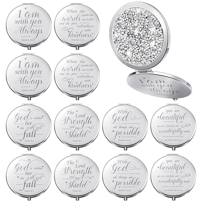Thyle 12 Pcs Christian Compact Mirror Gifts for Women Mother's Day Nurse Week Bible Verse Wallet Mirror Bulk Hand Makeup Compact Religious Baptism for Holy Communion Teacher(Same,Silver)