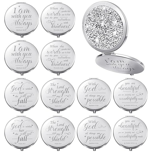 Thyle 12 Pcs Christian Compact Mirror Gifts for Women Mother's Day Nurse Week Bible Verse Wallet Mirror Bulk Hand Makeup Compact Religious Baptism for Holy Communion Teacher(Same,Silver)