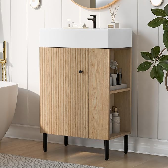 Virubi 21.6 in Small Bathroom Vanity with Sink,Doors and Storage Shelves,Wood Modern Single Fluted Bathroom Sink Cabinet Freestanding (Natural Wood,Right Shelf)