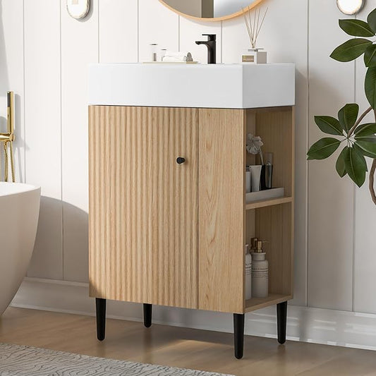 Virubi 21.6 in Small Bathroom Vanity with Sink,Doors and Storage Shelves,Wood Modern Single Fluted Bathroom Sink Cabinet Freestanding (Natural Wood,Right Shelf)
