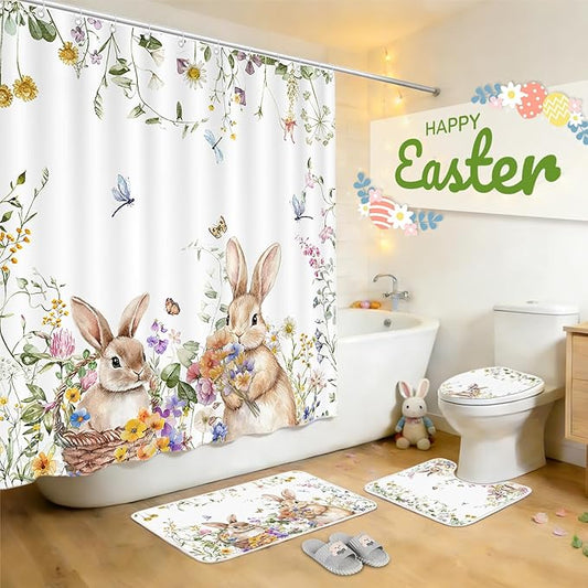 Easter Shower Curtain Set for Bathroom, Easter Rabbits Shape Red Bathroom Supplies for Spring Accessories Decor Set, Non Slip Rugs Toilet Lid Cover U Shape Bath Mat and 12 Hooks