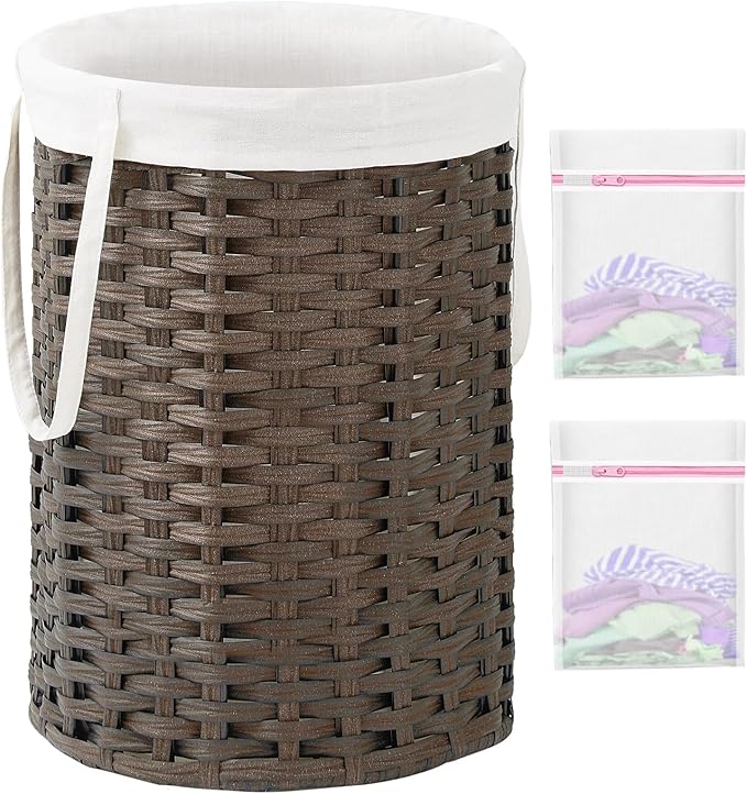 SETVSON Laundry Hamper Laundry Basket Round 19.0 Gal (72 L) Handwoven Rattan Hamper, Large Wicker Laundry Hamper with Removable Laundry Bag Handles 2 Mesh Bags for Bathroom Living Room Brown (No Lid)