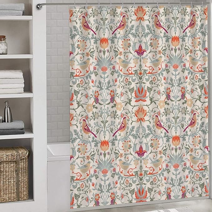 William Morris Flower Shower Curtain,Mid Century Vintage Flower Birds Elegant Animal Pattern Print Shower Curtains Sets Polyester Waterproof Fabric Decor Bathroom Curtain 72"×78" Inch With 12 Hooks