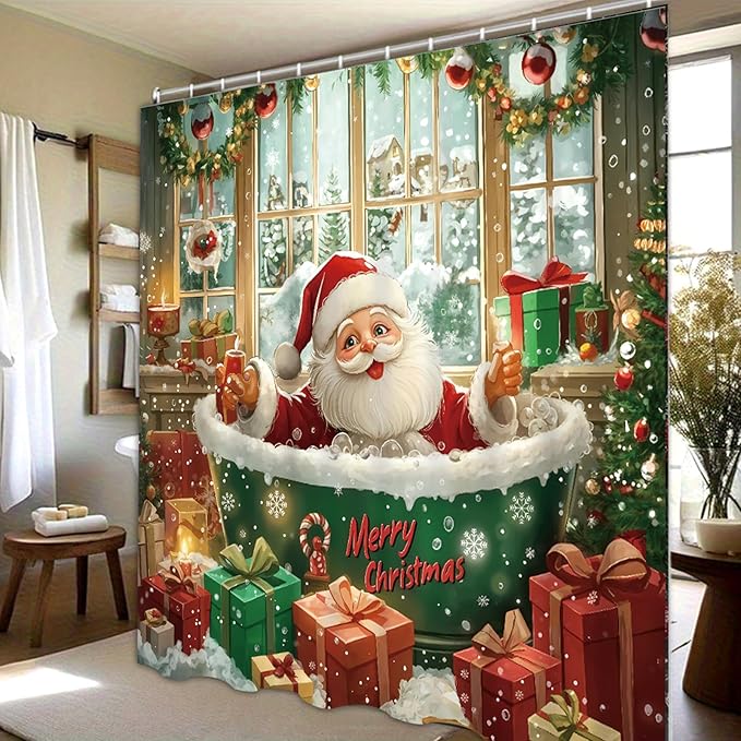 Dreamrflove Christmas Shower Curtain，Santa Claus Tub ，Winter Christmas Shower Curtains for Bathroom ，Cute Funny Shower Curtain，72x72 Inch Waterproof Polyester Insulated Home Decor Set ，with Hooks